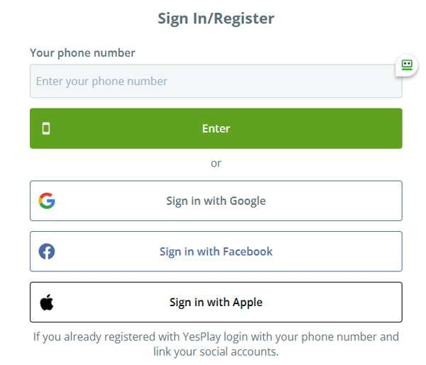 YesPlay Register Form
